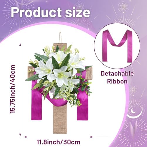 Easter Cross Wreaths for Front Door, 16" Religious Spring Wreath with Lily and Purple Ribbon, Christian He is Risen Easter Decor, Rustic Twine Wrapped Hanging Ornament Wall Porch Farmhouse Home Decor - Image 2