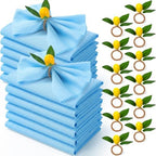 Preboun 24 Pcs Blue Cloth Napkins 19"x19" with Lemon Napkin Rings by Preboun