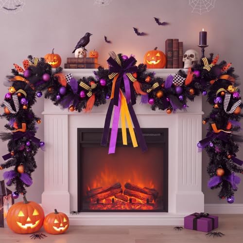 Thiccywoov 8 ft Halloween Garland Decorations Black Orange Purple Artificial Garland Ornaments with Ball Bats Pumpkins, Halloween Mantel Hanging String Decor for Tree Home Indoor Fireplace Party Decor by Jgiusenfg