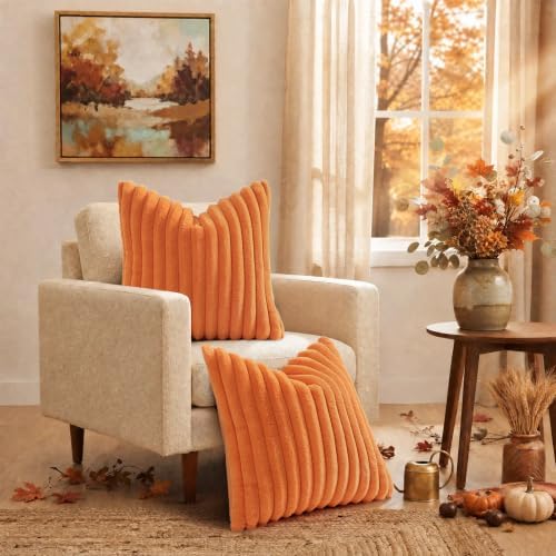 decorUhome Fall Faux Fur Throw Pillow Covers 22x22 Set of 2 Pumpkin Orange - Image 2
