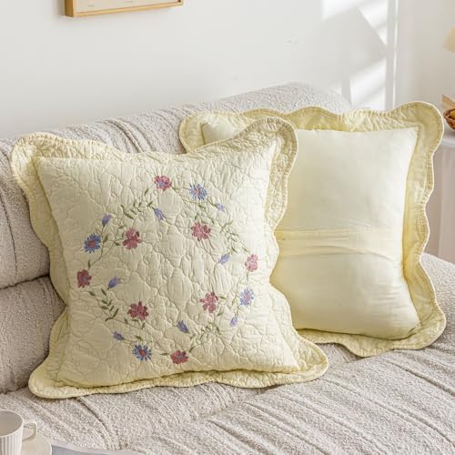 vctops Set of 2 Cotton Quilted Embroidered Decorative Square Throw Pillow Covers with Scalloped Floral Soft Cushion Case for Couch Sofa Bed (Flower E,18"x18") - Image 2