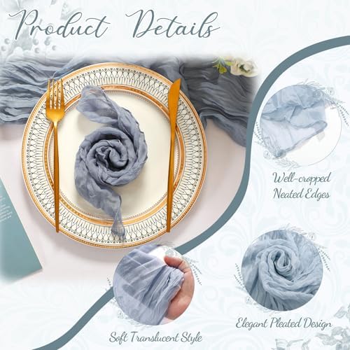 Pcs Cheesecloth Napkins and Table Runners Set, 10 ft Cheese Cloth Table Runners Boho Wedding Decor Rustic Wrinkled Gauze Napkins for Wedding Birthday Party Baby Shower(Gray Blue,26) - Image 3
