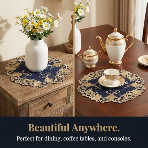 Decozen Set of 8 Doilies for Table, Lace Doilies - Rustic, Crochet, Farmhouse, Kitchen, Round Christmas Placemats - Dining Table Centerpiece Decor - 15 inch Gold Blue, The Vintage Opulence Collection - Image 2