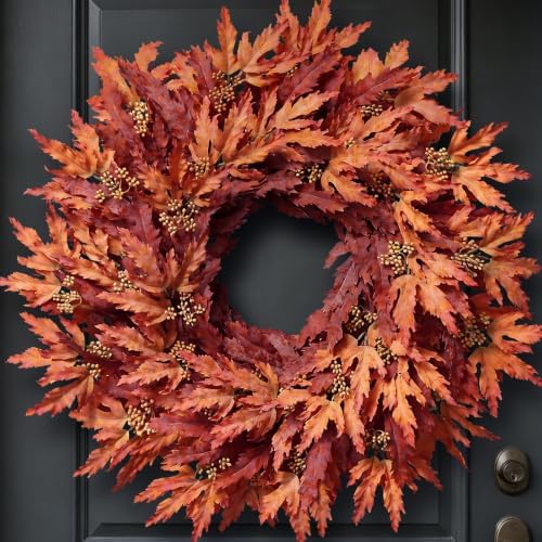 26" Artificial Fall Maple Leaves Wreath for Front Door Decoration (Orange) by VIERENA