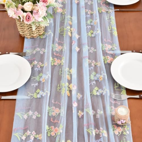 Blue Butterfly Floral Table Runner Flowers Tea Garden Party Picnic Decor - Image 5