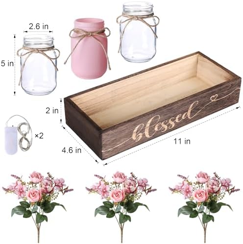 3 Pcs Mason Jar Table Centerpieces for Dining Room with Wood Tray&Led Light - Image 3