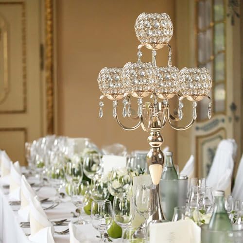 Set of 4 Candlesticks 5 Arm Crystal Strap Pendant Gold Table Decor Candelabra, 22.5 inches Elegant Dining Room Centerpieces for Holiday Parties Weddings (4, Gold) - Image 4