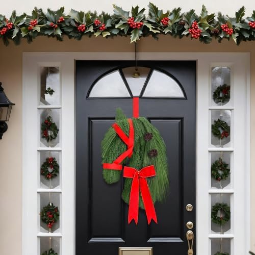 Suncalla 2 Pcs Christmas Horse Head Wreath Artificial Christmas Wreath Green Pine Needles Horsehead Decor with Red Ribbon Pinecone Farmhouse Xmas Garland for Front Door Farmhouse - Image 5