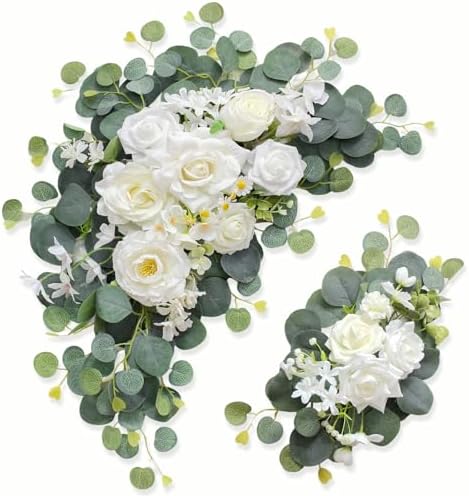 Odouzy Artificial Wedding Arch Flowers for Wedding Sign,Set of 2 for Welcome Ceremony Sign,Faux Floral Swags,Wedding, Banquet and Reception Backdrop Floral Decoration (White Champagne) by Odouzy