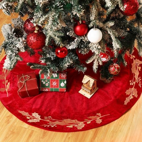 36 Inch Christmas Tree Skirt Velvet Xmas Tree Skirt with Gold Embroidery Holly Leaf Decorations for Christmas Party Favors Holiday New Year Decor(Red) by Sonwyoung