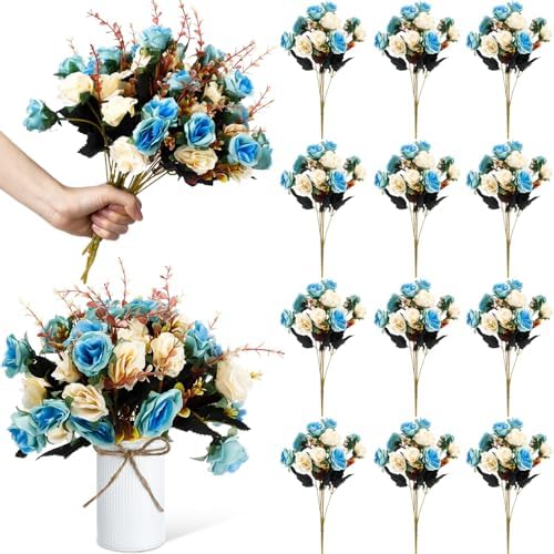 Hotop 12 Pcs Artificial Flowers Centerpiece for Tables 13 in, Light Blue by Hotop