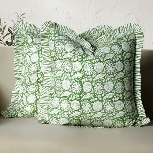 CPC Olive Bloom Hand Block Print 100% Cotton Ruffle Throw Pillow Cover 18x18 inch with Hidden Zipper Decorative for Couch, Bed, Sofa, Farmhouse, Cottagecore Decor Gift Christmas Fall Thanksgiving by COTTONPRINTCLUB