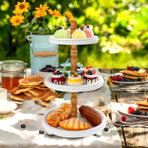 SYNCVIBE Wooden Farmhouse Round White 3 Tiered Decorative Tray Stand - Image 2