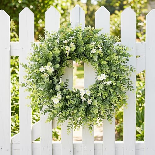 24" Large Eucalyptus Wreath for Front Door – All Season Artificial Greenery Wreath with White & Yellow Blossoms – Full Front Door Wreath for Porch, Farmhouse Entryway & Home Wall Decor - Image 7