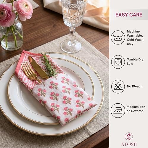ATOSII Cotton Blockprint Cloth Napkins, Gulbahar Pink, Set of 4, 20" X 20" - Image 6