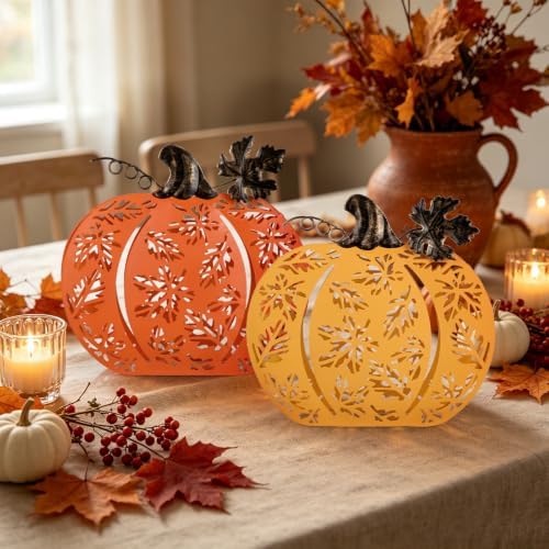 2 Pcs Fall Pumpkins Decor Lighted Metal Pumpkins for Autumn Decoration - Image 7