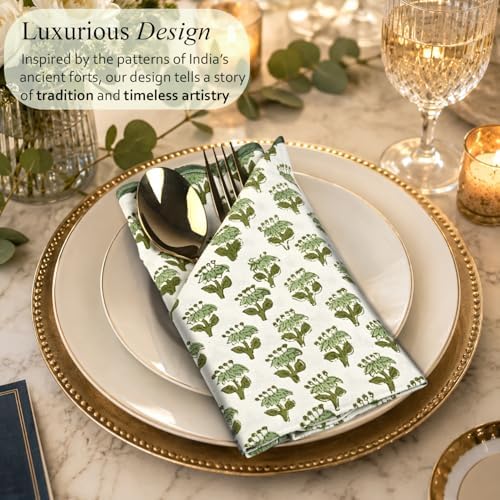 CPC Emerald Green Block Print Cotton Embroidery Napkin 18x18 (Pack of 4) - Image 3