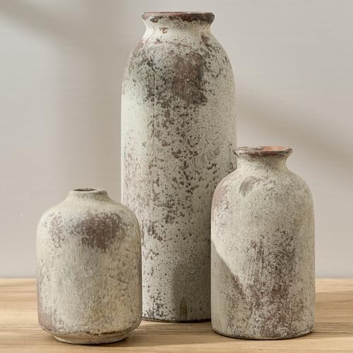 Ceramic Vase Set of 3, Decorative Terracotta Farmhouse Rustic Vases for Living Room Kitchen Bedroom Bathroom Entryway Mantel Table, Pottery Home Decor for Bouquet Pampas Grass Dried Fresh Flowers by StylishHomeDecorforYou