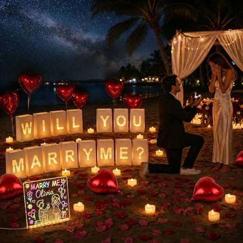 Will You Marry Me Proposal Decorations - Luminary Bags with LED Message Board & Stand, 5 Colored Pens, 30 Heart Tea Lights, 10 Heart Balloons and 2000 Rose Petals, Romantic Valentines Day Decor - Image 4