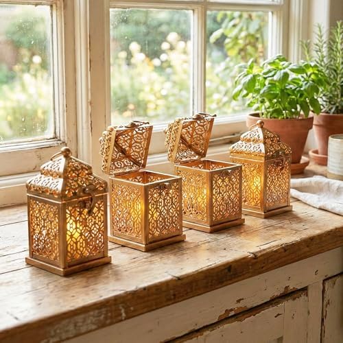 VELA LANTERNS Mini Golden Tower Temple Moroccan Lantern Lamp Decorative Candle Holders for Ramadan Decorations, Hanging, Outdoor Patio or Porch, Indoor Home Decor, Gold, Set of 4 - Image 7