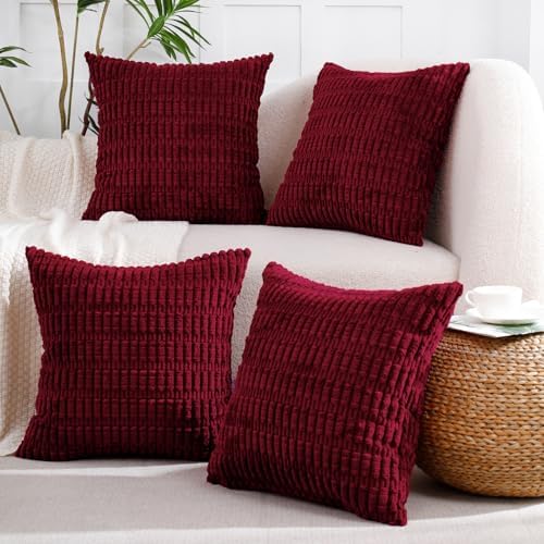 All Smiles Decorative Burgundy Throw Pillow Covers 16x16 Set of 4 Farmhouse Rustic Boho Home Decor Soft Plush Striped Corduroy Square Cushion Case for Living Room Couch Bed Sofa by AllSmiles