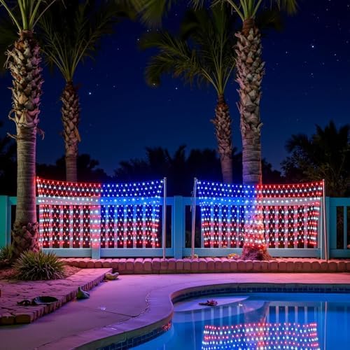 American Flag Lights Outdoor - 420 Super Bright Red White and Blue Lights, Waterproof Led Flag Net Light of The United States for Memorial Day, 4th of July, Yard, Garden, Christmas Decorations - Image 2