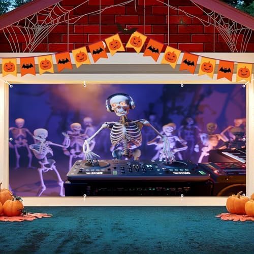 7x16ft Halloween Garage Door Cover for Double Garages Dancing Skeletons Musical Funny Hallows' Eve Party Decorations Halloween Garage Door Banner Backdrop for Photography - Image 3