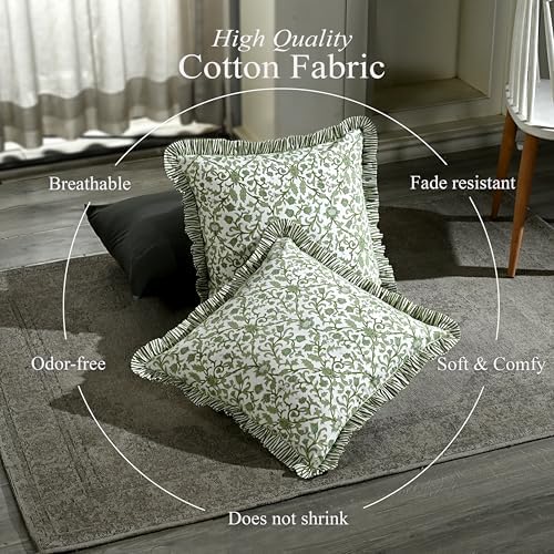 CPC Meadow Vine Hand Block Print 100% Cotton Ruffle Throw Pillow Cover 18x18 inch with Hidden Zipper Decorative for Couch, Bed, Sofa, Farmhouse, Cottagecore Decor Gift Christmas Fall Thanksgiving - Image 3