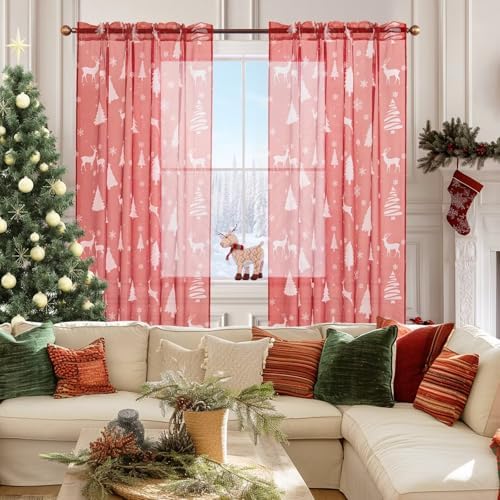 Christmas Sheer Curtains for Living Room, Xmas Print Pattern Sheer Curtain, Holiday Rod Pocket Window Drapes Decorations for Bedroom and Home Decor, 2 Panels Red 52W x 84L - Image 4