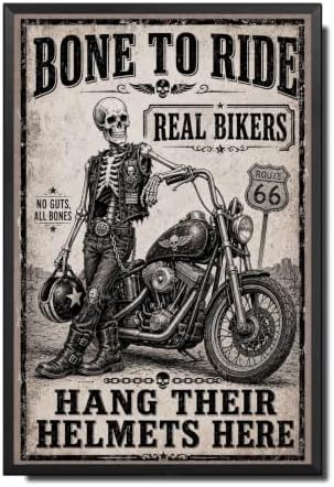 Vintage Metal Tin Sign Halloween Skeleton Biker Motorcycle Retro Wall Decor for Garage Man Cave 8×12 Inches with Metal Frame by Unknown