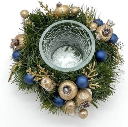 Navy Blue and Gold Christmas, Holiday Hanukkah Candle Holders and Dining table Decorations with Pine needles, on a glass base - Set of 2 - Image 5