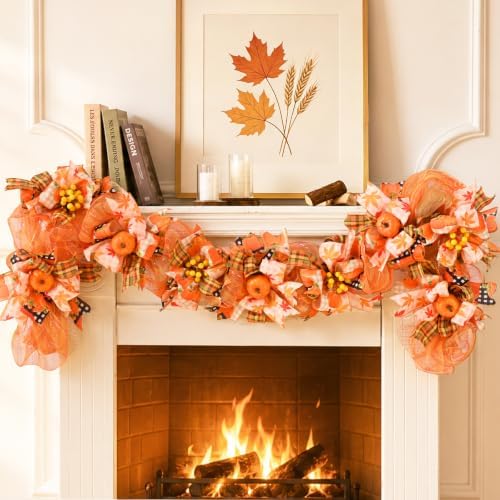 2Pcs 6 FT Fall Garland for Mantel, Autumn Garland with Pumpkin Ribbon & Berries, Thanksgiving Vine for Table Centerpiece, Fall Party Decor for Fireplace & Modern Farmhouse - Image 3