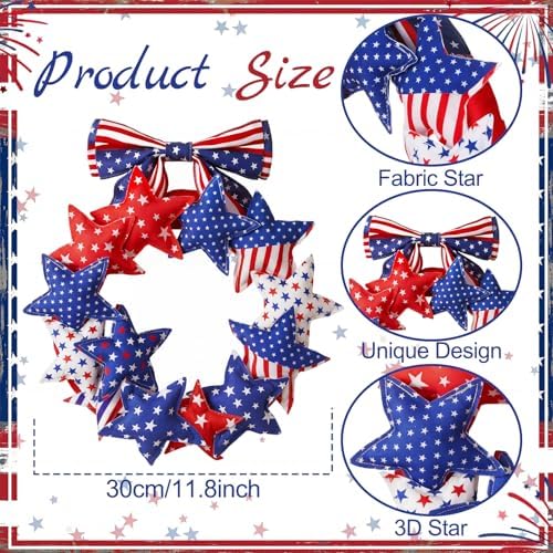 Suncalla 4th of July Door Wreath Patriotic Wreath 11.8 Inch Red White Blue Decoration Star 250th Anniversary Front Door Decoration with Bow for American Independence Day Decor - Image 2