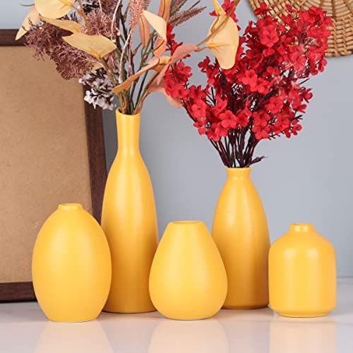 Yellow Ceramic Bud Vases Set of 5, Farmhouse & Fireplace Decor, Multipurpose Home Decoration for Living Room, Entrance, Bathroom, Kitchen & Office, Coffee Table Decor, Bulk Bud Vases - Image 6