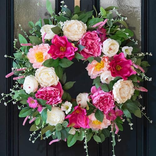 24 Inch Spring Summer Wreaths for Front Door Outside with Peony & Rose by CHVista