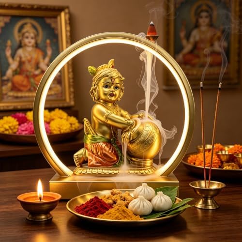 Lord Baby Krishna Murti W/ USB LED Diwali Light & Backflow Incense Burner by BangBangDa