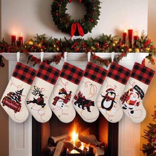 LUBOT Christmas Stockings Set of 5 Large Family Xmas Stocking 20" Silhouette Buffalo Red Plaid Fireplace Hanging Holiday Decor 5 Pack - Image 5