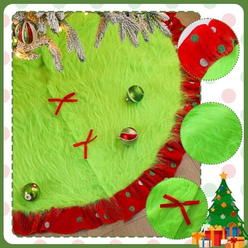 Hollowfly Red Green Christmas Tree Skirt Furry Plush Lime Green, 48 Inch - Image 6