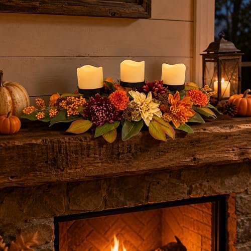 25 Inch Fall 3 Candle Holder Centerpiece with Dahlias and Mums - Image 4