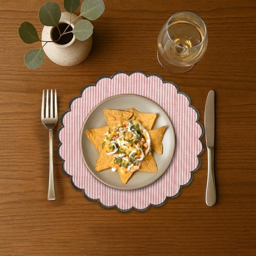 Ridhi Floral Block Print Round Placemats 15" in, Set of 4,Heart Pink Stripe - Image 2