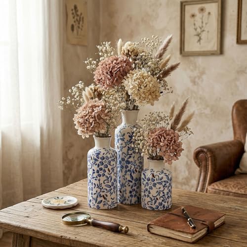 Chinoiserie Decor Ceramic Vases Set - 3 Blue and White Vase, Chinoiserie Vase Farmhouse Country, Flower Vases Home Decor, Living Room Decoration, Entrance, Fireplace, Table Decoration, Centerpieces - Image 4