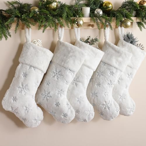 CARAKNOTS White Christmas Stockings 5 Pack, Large Faux Fur Silver Snowflake - Image 4