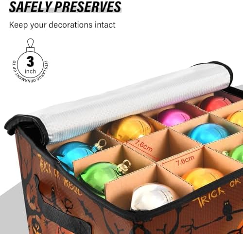 YETTASBIN Halloween Pumpkin Large Christmas Ornament Storage Box with Zipper & Adjustable Dividers, Storage Container with Lid & Handles for 64 Holiday Ornaments 3-Inch, 13 x 13 Inch - Image 5
