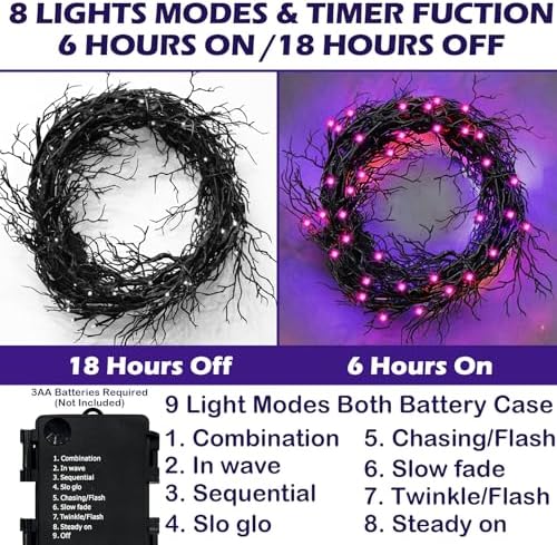 [ 8 Modes & Timer ] 9 Ft 66 LED Halloween Willow Vine Twig Decor Garland Decorations with Purple Lights, Halloween Garland with Battery Operated Waterproof for Home Wall Fireplace Mantle Decorations - Image 2