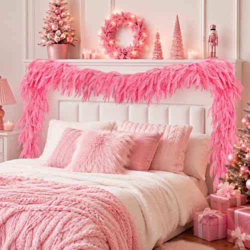 N&T NIETING 9FT Christmas Norfolk Pine Garland Real Touch Artificial Christmas Pink Xmas Garland for Mantle, Table Holiday Fireplace Staircase Indoor Outdoor Christmas Decorations - Image 6