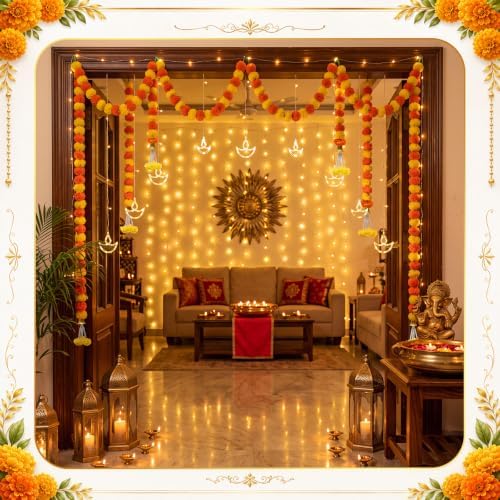 Gerrii Diwali Decorations 4 Pcs 5' Marigold Garland with 11.5' String Light - Image 4
