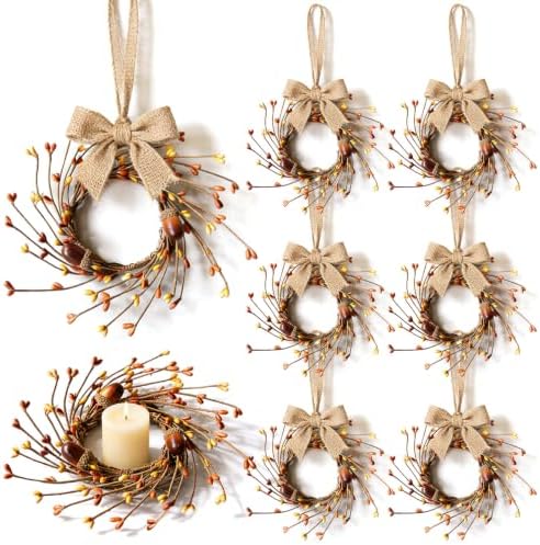 8 Pcs Small Fall Hanging Wreaths with Artificial Acorns Autumn Yellow Orange Berry Buds Mini Cabinet Wreath for Home Table Centerpieces Kitchen Farmhouse Thanksgiving Party Decor by EYNDYN