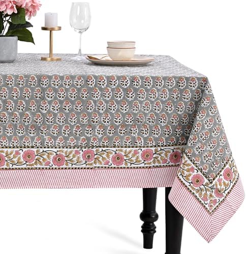 CPC Tablecloth 100% Cotton 72x190 Inch Indian Block Print Rectangle Table Cover, Gray Pink Table Cloth for Weddings, Spring/Summer, Barbeque - Labra Gray by COTTONPRINTCLUB