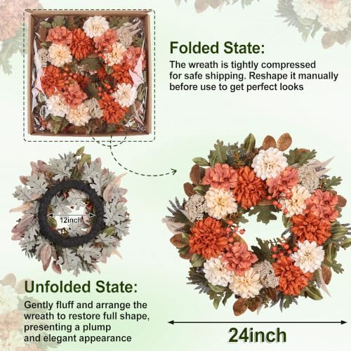 24" Fall Wreaths for Front Door with Mums Dahlias Queen Anne's Lace - Image 3