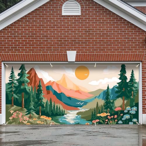 6x13 FT Mountain Sunrise Garage Door Banner - Forest River Landscape Art Backdrop, Large Indoor Outdoor Garage Door Cover, Nature Theme Decoration for Home, Yard, Cabin, Camping Party by FOREVERQUEEN